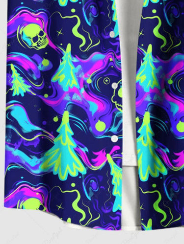 Gothic Plus Size Colorful Christmas Tree Skull Print Button Pocket Shirt For Men
