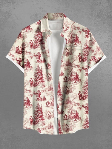 Gothic Plus Size Christmas Tree Santa Claus House Print Button Pocket Shirt For Men