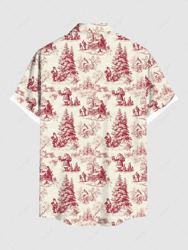 Gothic Plus Size Christmas Tree Santa Claus House Print Button Pocket Shirt For Men