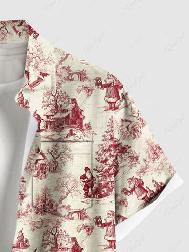 Gothic Plus Size Christmas Tree Santa Claus House Print Button Pocket Shirt For Men