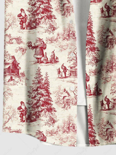 Gothic Plus Size Christmas Tree Santa Claus House Print Button Pocket Shirt For Men
