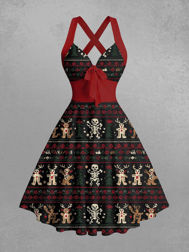 Gothic Christmas Gingerbread Elk Skeleton Flower Print Crisscross Halter A Line Dress