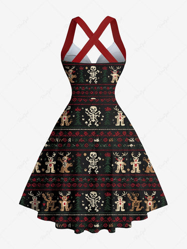 Gothic Christmas Gingerbread Elk Skeleton Flower Print Crisscross Halter A Line Dress