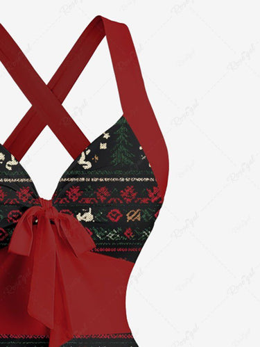 Gothic Christmas Gingerbread Elk Skeleton Flower Print Crisscross Halter A Line Dress