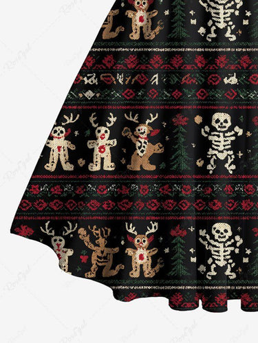 Gothic Christmas Gingerbread Elk Skeleton Flower Print Crisscross Halter A Line Dress