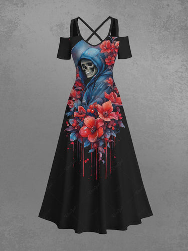 Gothic Plus Size Skull Flower Print Cold Shoulder Crisscross A Line Maxi Dress