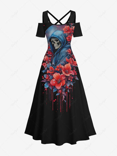 Gothic Plus Size Skull Flower Print Cold Shoulder Crisscross A Line Maxi Dress