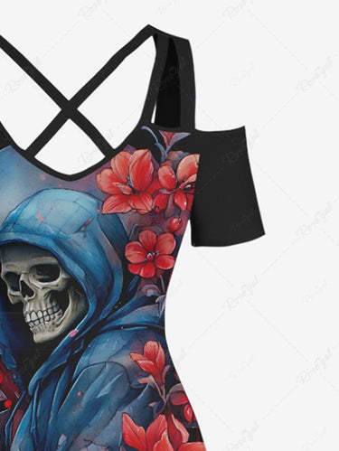 Gothic Plus Size Skull Flower Print Cold Shoulder Crisscross A Line Maxi Dress