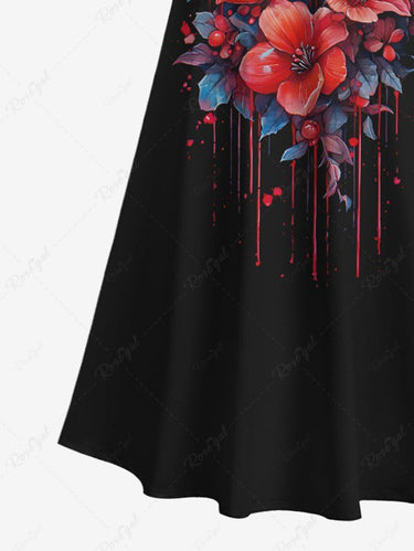 Gothic Plus Size Skull Flower Print Cold Shoulder Crisscross A Line Maxi Dress