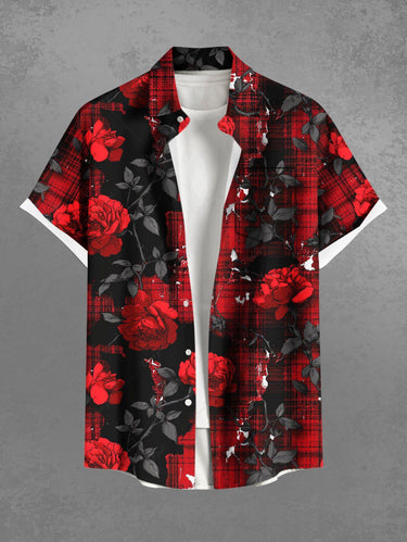 Gothic Plus Size Rose Flower Leaf Plaid Print Button Pocket Shirt For Men