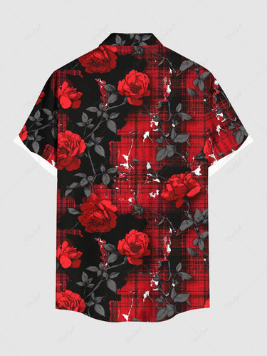 Gothic Plus Size Rose Flower Leaf Plaid Print Button Pocket Shirt For Men