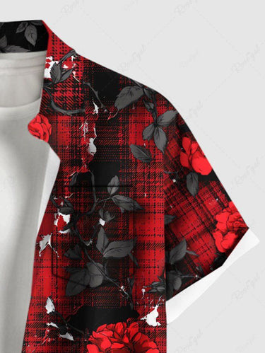 Gothic Plus Size Rose Flower Leaf Plaid Print Button Pocket Shirt For Men