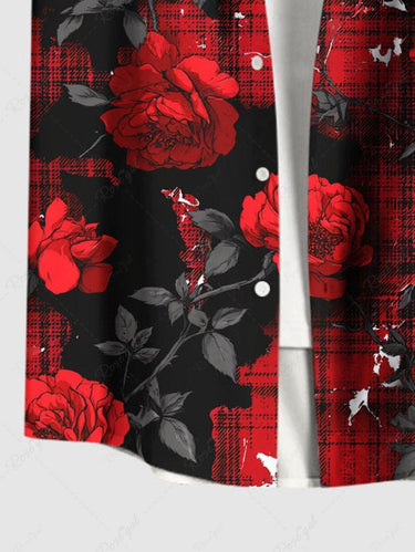 Gothic Plus Size Rose Flower Leaf Plaid Print Button Pocket Shirt For Men