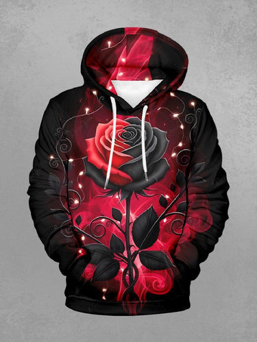Gothic Plus Size Glitter Christmas Light Rose Flower Print Pullover Long Sleeves Hoodie For Men