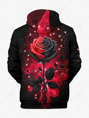 Gothic Plus Size Glitter Christmas Light Rose Flower Print Pullover Long Sleeves Hoodie For Men
