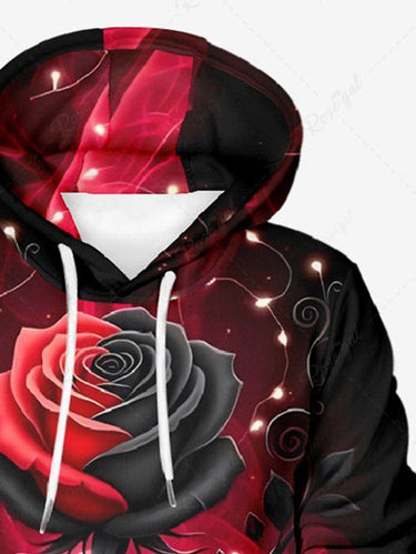 Gothic Plus Size Glitter Christmas Light Rose Flower Print Pullover Long Sleeves Hoodie For Men