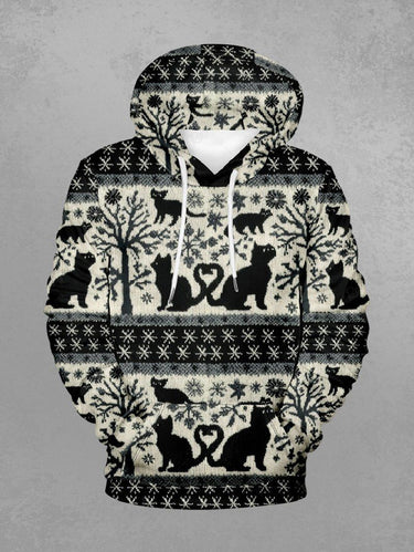Gothic Plus Size Tree Snowflake Cat Print Pullover Long Sleeves Hoodie For Men