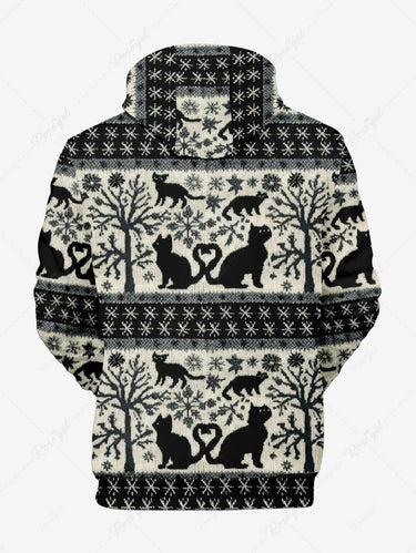 Gothic Plus Size Tree Snowflake Cat Print Pullover Long Sleeves Hoodie For Men