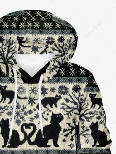 Gothic Plus Size Tree Snowflake Cat Print Pullover Long Sleeves Hoodie For Men