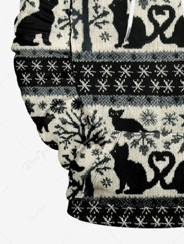 Gothic Plus Size Tree Snowflake Cat Print Pullover Long Sleeves Hoodie For Men