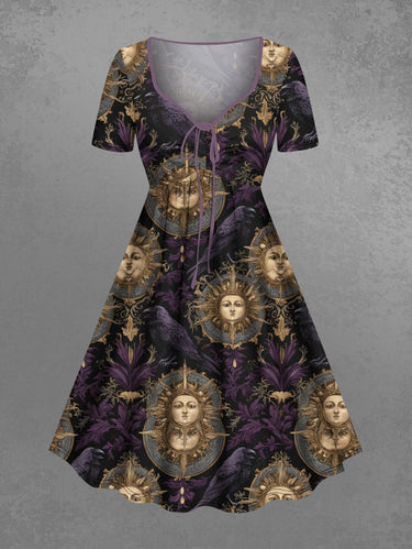 Gothic Plus Size Sun Face Print Cinched A Line Dress