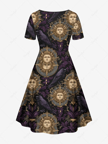 Gothic Plus Size Sun Face Print Cinched A Line Dress