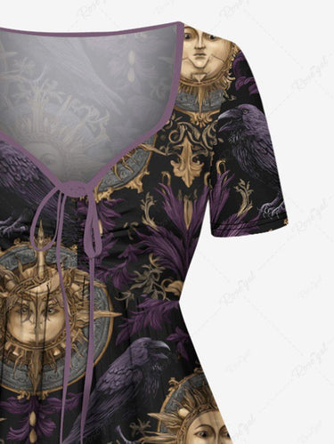 Gothic Plus Size Sun Face Print Cinched A Line Dress