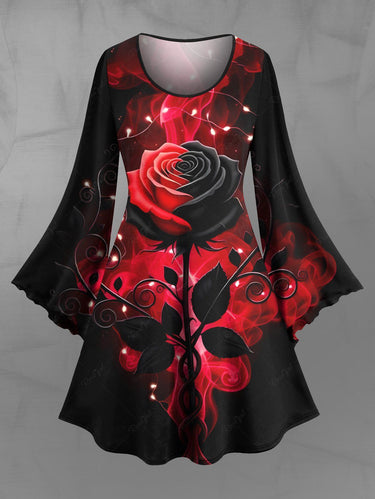 Gothic Plus Size Glitter Christmas Light Rose Flower Print A Line Dress