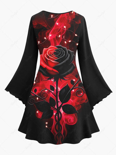 Gothic Plus Size Glitter Christmas Light Rose Flower Print A Line Dress