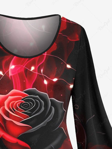 Gothic Plus Size Glitter Christmas Light Rose Flower Print A Line Dress