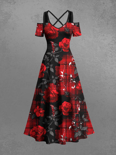 Gothic Plus Size Rose Flower Leaf Plaid Print Cold Shoulder Crisscross A Line Maxi Dress