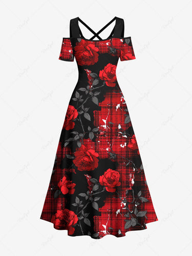 Gothic Plus Size Rose Flower Leaf Plaid Print Cold Shoulder Crisscross A Line Maxi Dress