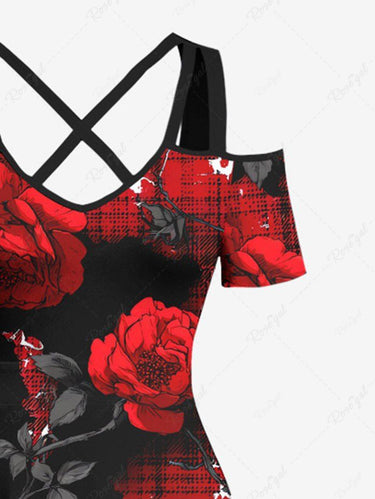 Gothic Plus Size Rose Flower Leaf Plaid Print Cold Shoulder Crisscross A Line Maxi Dress
