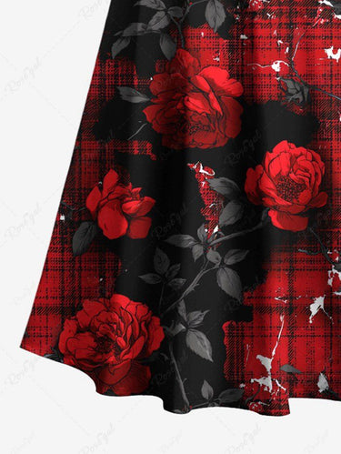 Gothic Plus Size Rose Flower Leaf Plaid Print Cold Shoulder Crisscross A Line Maxi Dress