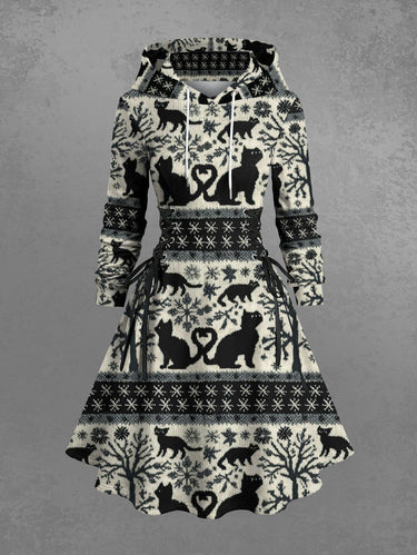 Gothic Plus Size Tree Snowflake Cat Print Lace Up A Line Hooded Dress