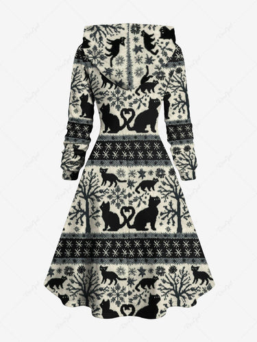 Gothic Plus Size Tree Snowflake Cat Print Lace Up A Line Hooded Dress