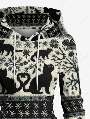 Gothic Plus Size Tree Snowflake Cat Print Lace Up A Line Hooded Dress