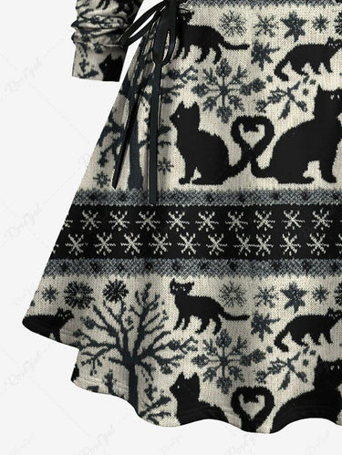 Gothic Plus Size Tree Snowflake Cat Print Lace Up A Line Hooded Dress