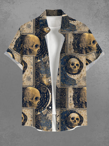 Gothic Plus Size Skull Moon Tarot Print Button Pocket Shirt For Men