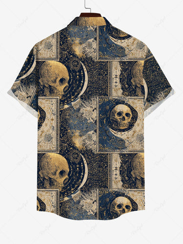 Gothic Plus Size Skull Moon Tarot Print Button Pocket Shirt For Men