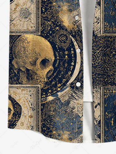 Gothic Plus Size Skull Moon Tarot Print Button Pocket Shirt For Men