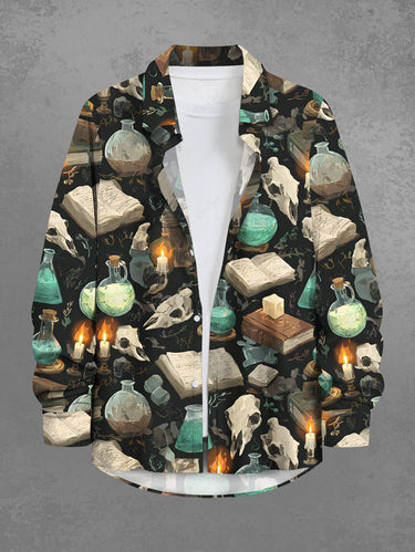 Gothic Plus Size Candle Book Skull Magic Potion Print Button Long Sleeves Shirt For Men