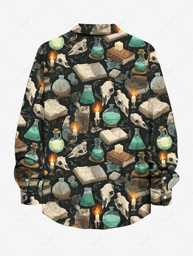 Gothic Plus Size Candle Book Skull Magic Potion Print Button Long Sleeves Shirt For Men