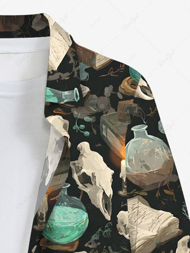 Gothic Plus Size Candle Book Skull Magic Potion Print Button Long Sleeves Shirt For Men
