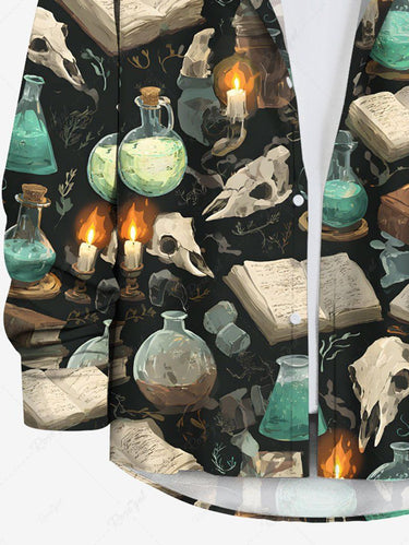 Gothic Plus Size Candle Book Skull Magic Potion Print Button Long Sleeves Shirt For Men