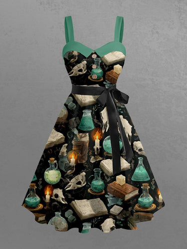 Gothic Plus Size Candle Book Skull Magic Potion Print Button A Line Dress with Removable Belt