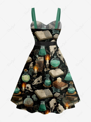 Gothic Plus Size Candle Book Skull Magic Potion Print Button A Line Dress with Removable Belt