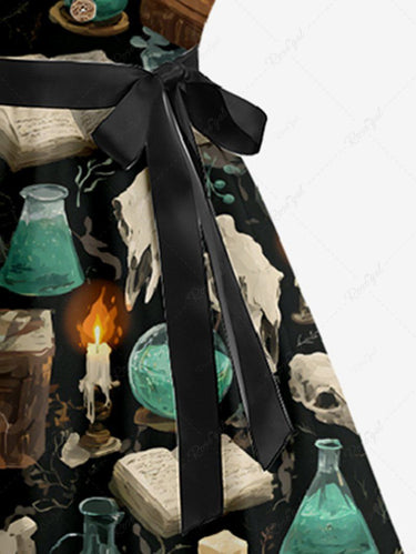 Gothic Plus Size Candle Book Skull Magic Potion Print Button A Line Dress with Removable Belt