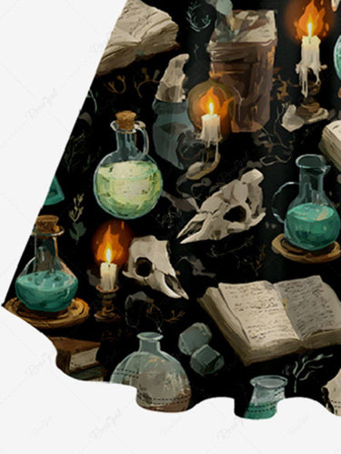 Gothic Plus Size Candle Book Skull Magic Potion Print Button A Line Dress with Removable Belt