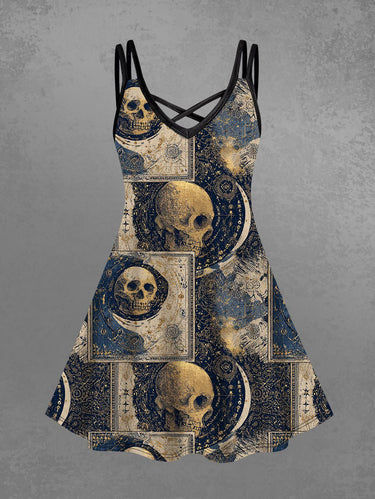 Gothic Plus Size Skull Moon Tarot Print Crisscross Strappy A Line Cami Dress